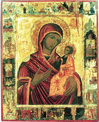 Иверская икона Божией Матери, с клеймами Сказания. 50-е гг. XVII в. (ГИМ, музей Новодевичий монастырь)